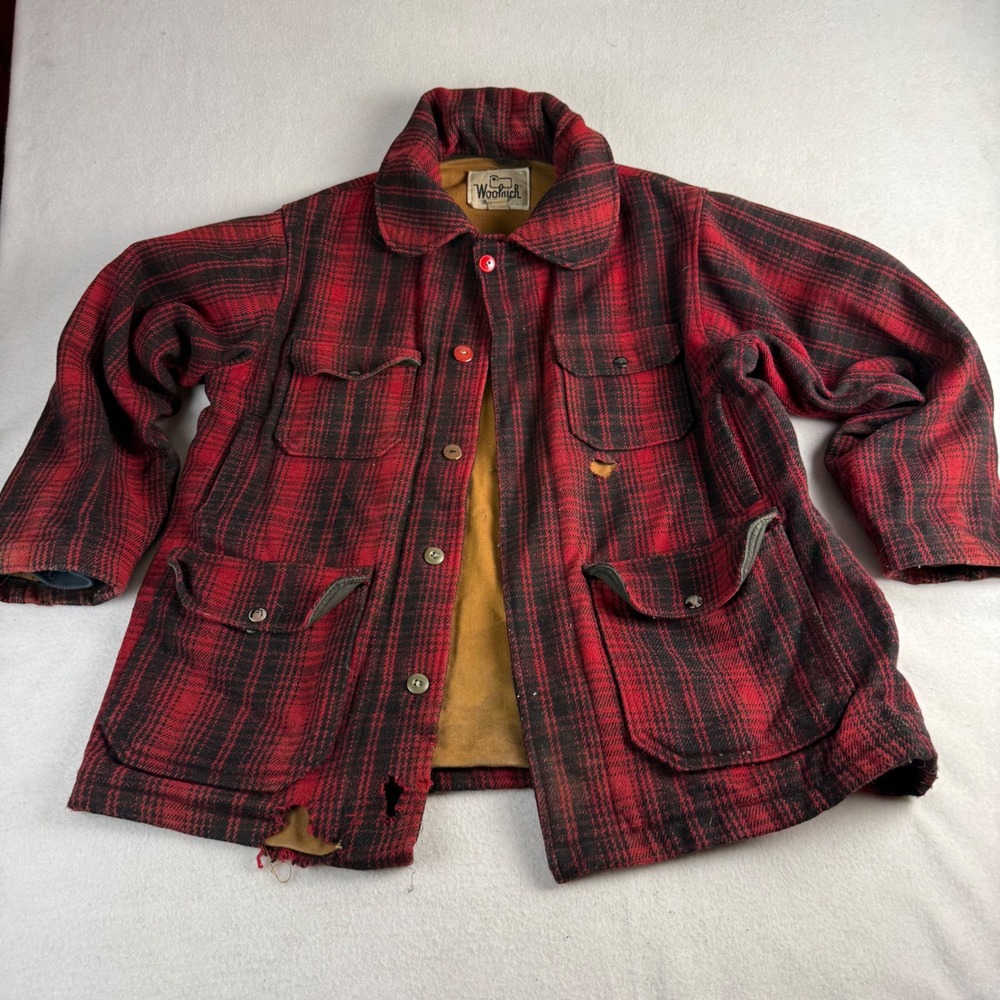Vintage Woolrich Wool Hunting Jacket Red Shadow Plaid Thrashed Men's 42 USA Made